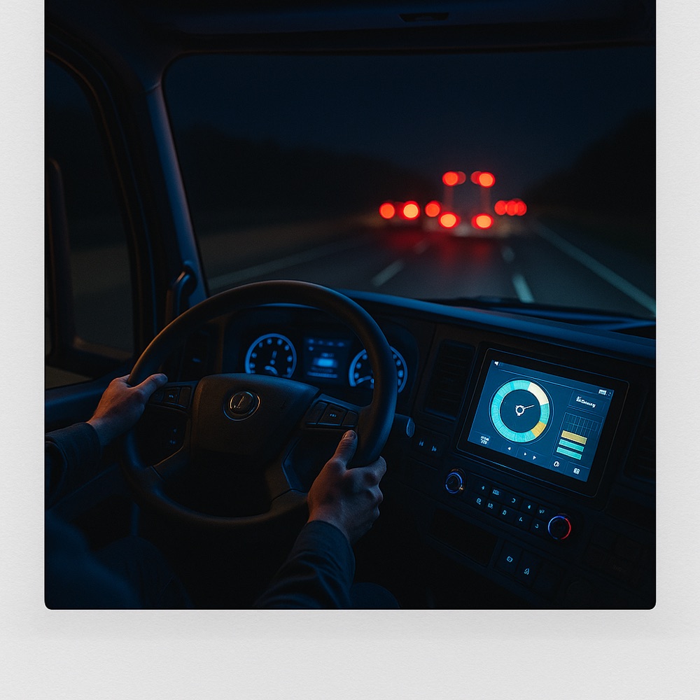 Cab of a modern 2026 truck with an ELD tablet and navigation