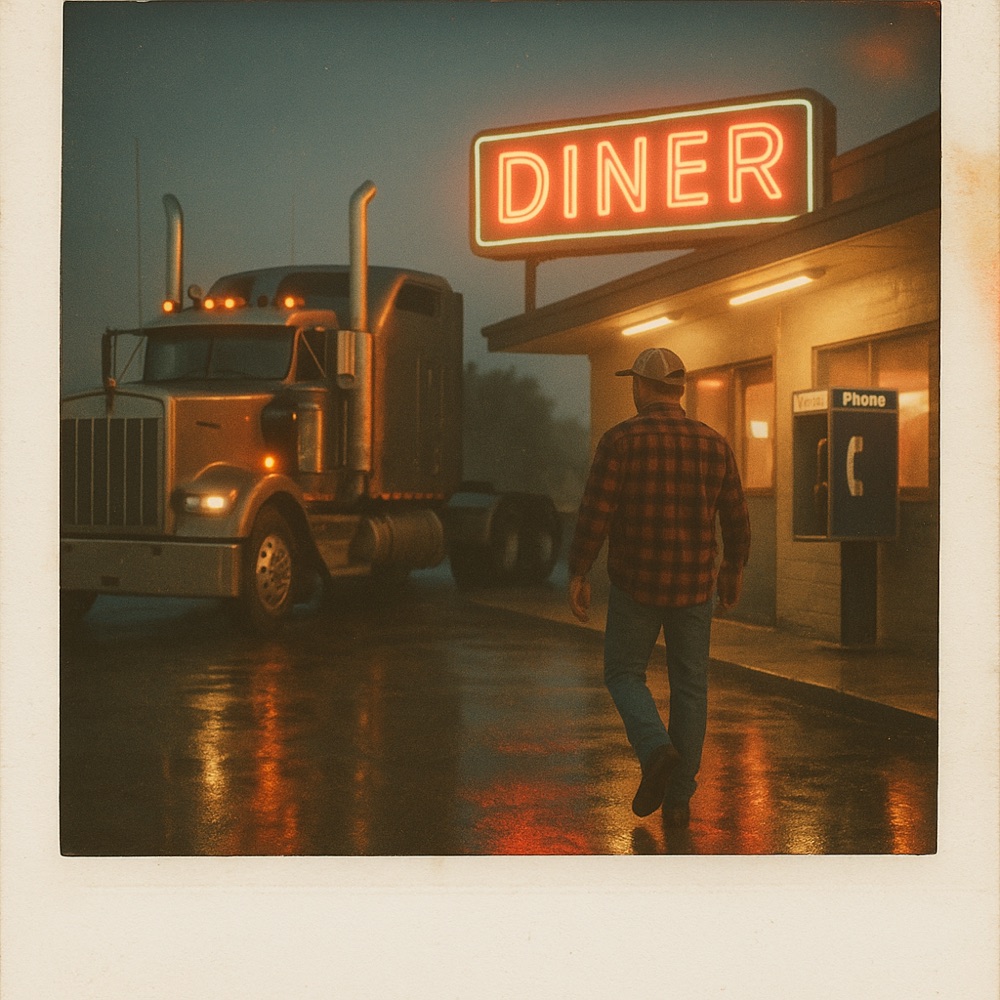 Late-90s truck stop: a chromed Kenworth by a neon diner