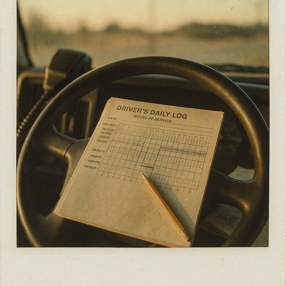 Paper logbook on a truck steering wheel, CB radio and a paper atlas