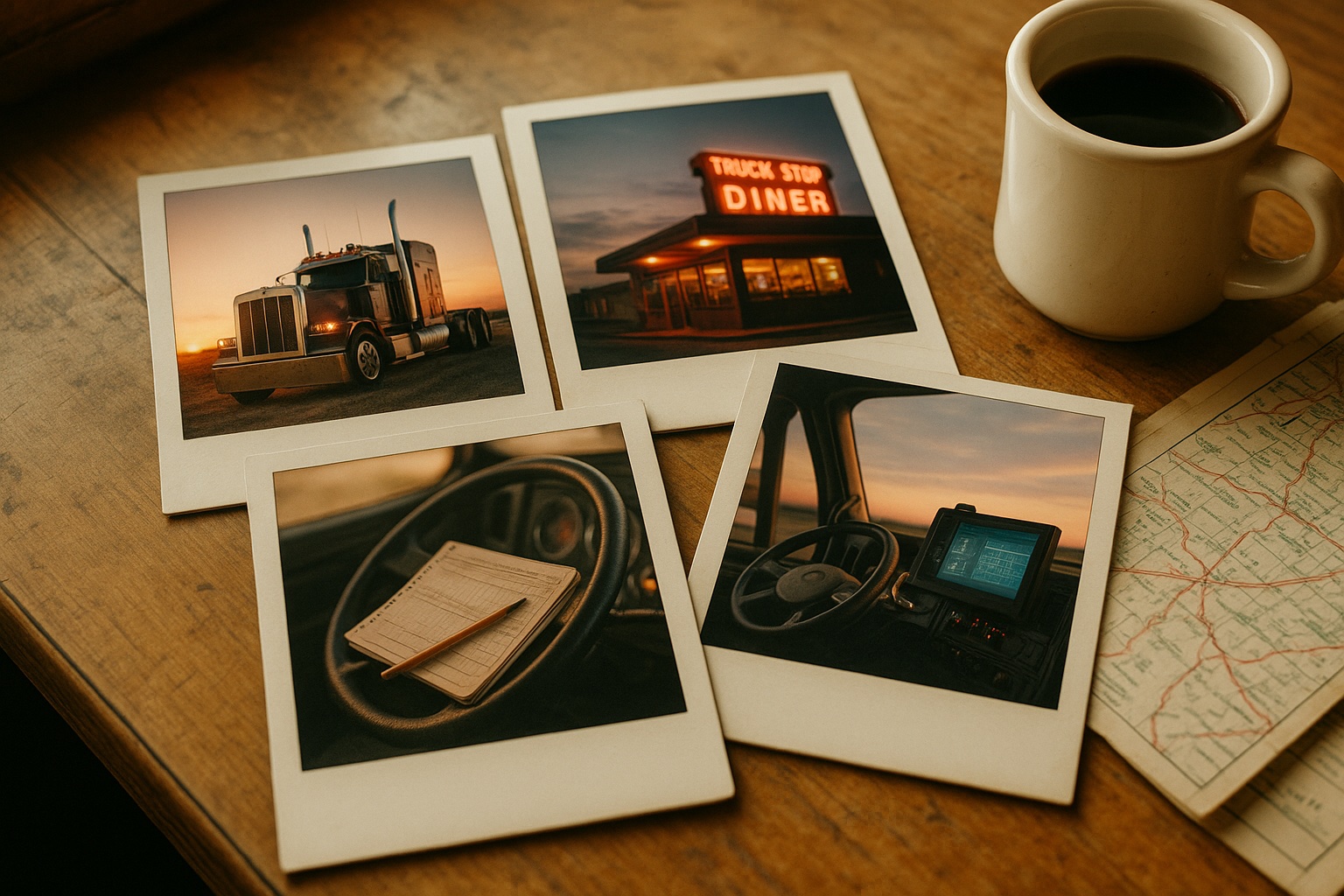 Polaroid snapshots of American trucking across the decades on a diner table