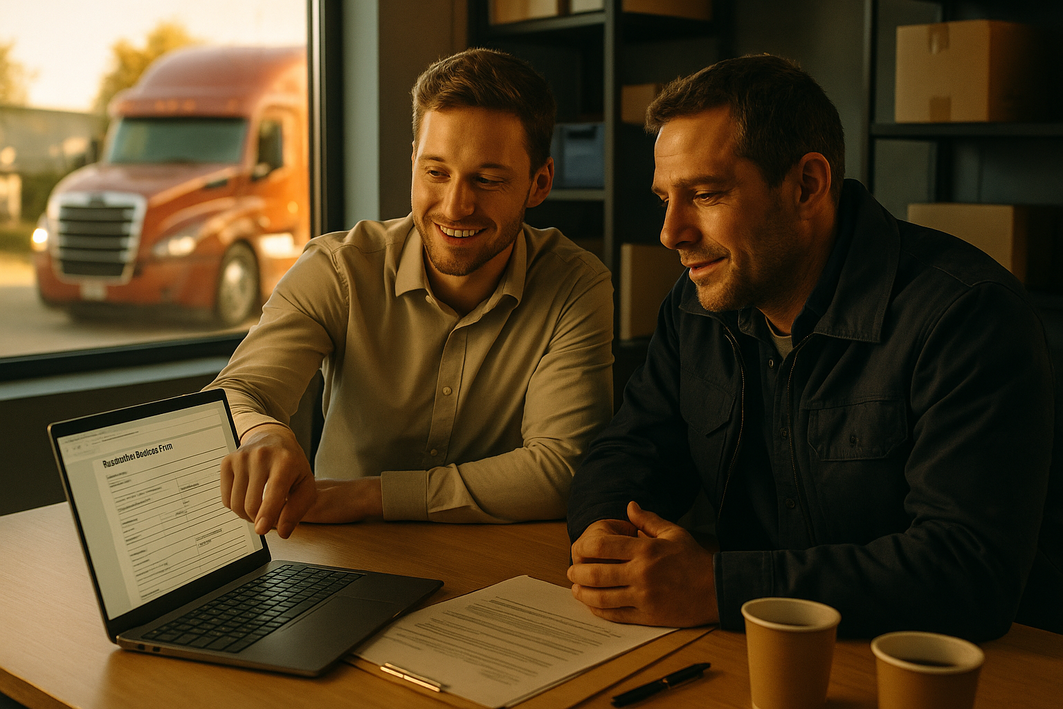 A TruckerNavi consultant walking a new owner-operator through the FMCSA MC Authority application on screen, in Russian